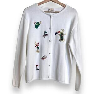 Vintage Tia Golf Embroidered White Cotton Round Neck Cardigan Women's Size L